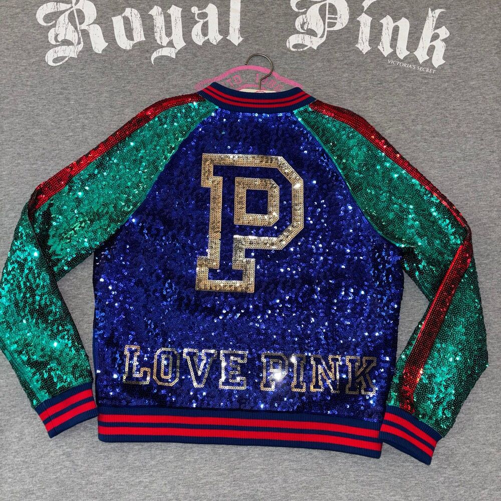 Rare HTF VS PINK Mega Bling Sequin Bomber Jacket Varsity Blue Red Green MD